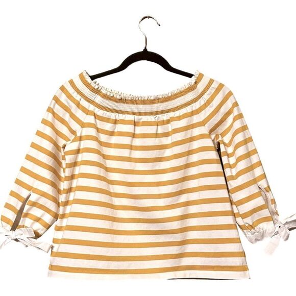 J. Crew Yellow and White Off the Shoulder Striped Cotton Summer Top Size XS 📦 - Picture 4 of 13